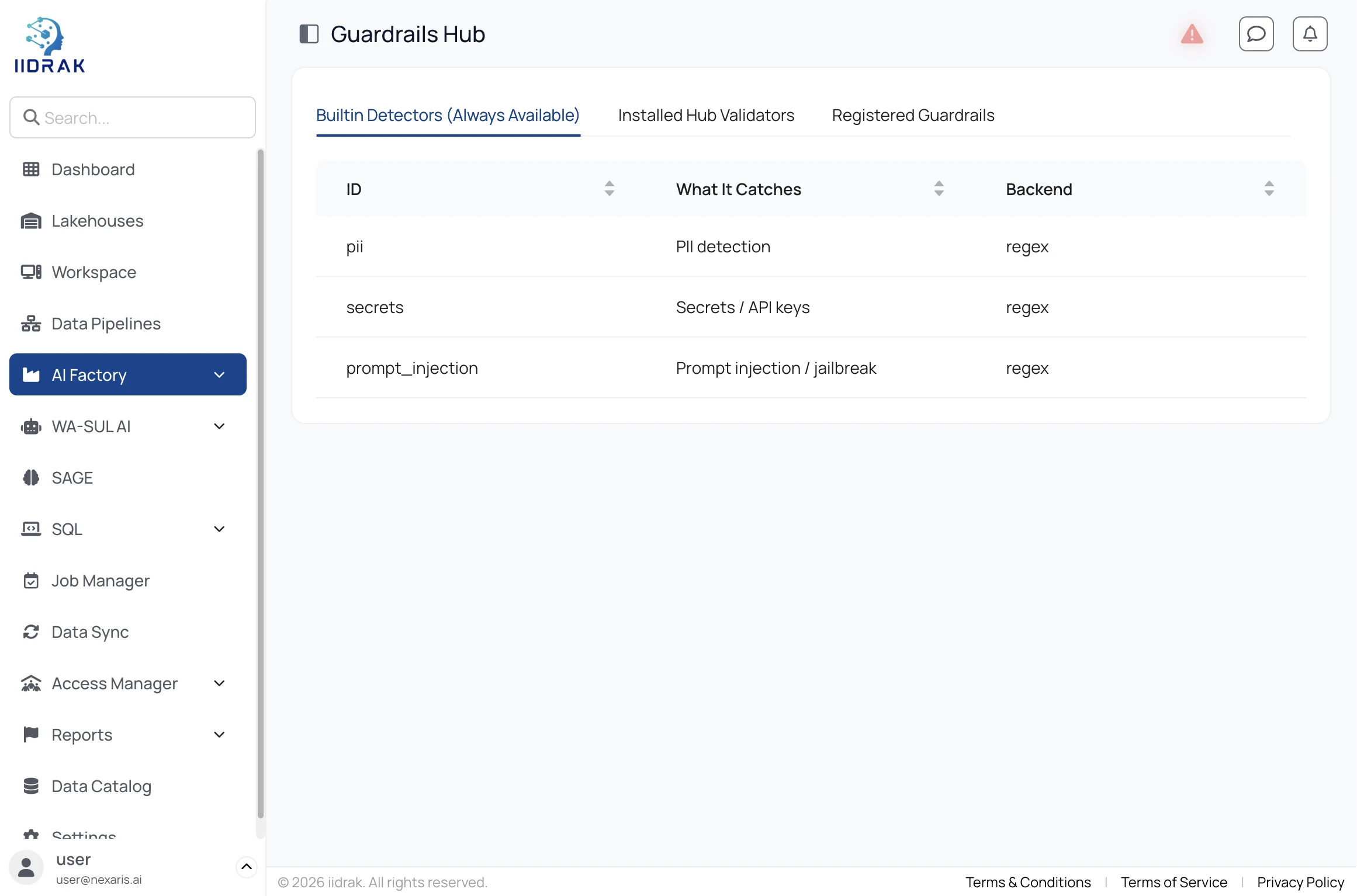 Guardrails Hub with built-in PII, secrets and prompt injection detectors