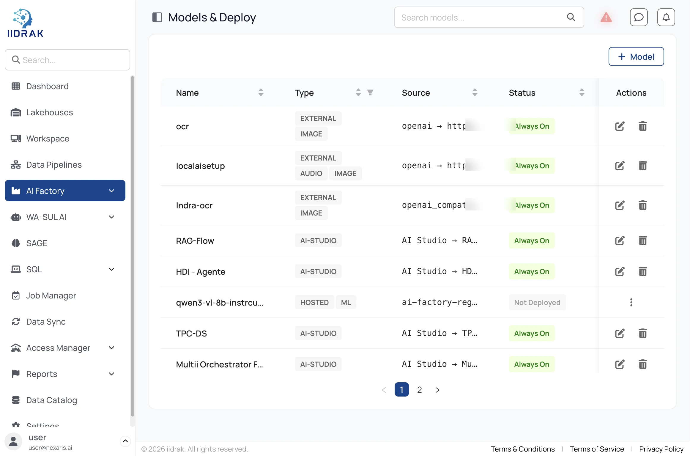 Models and Deploy showing traffic split group, AI Studio flows and external providers