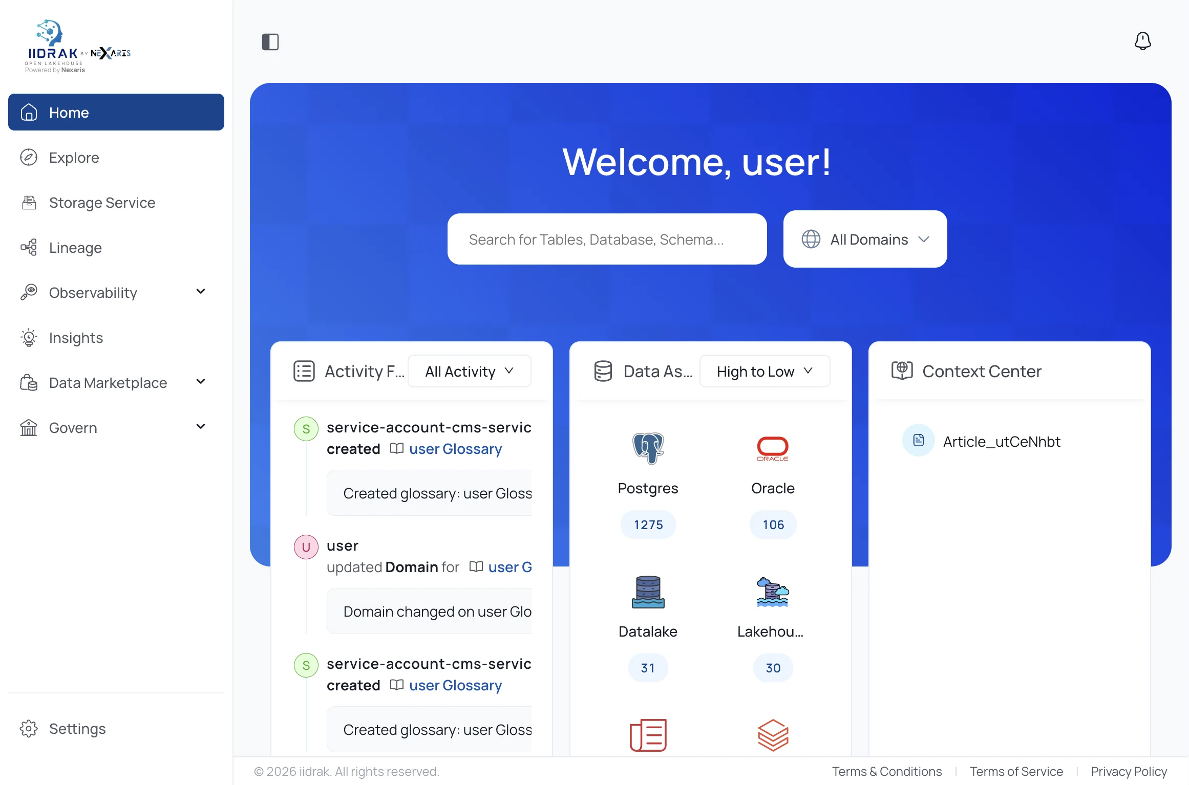 Data Catalog home showing activity feed, data assets per system and KPIs