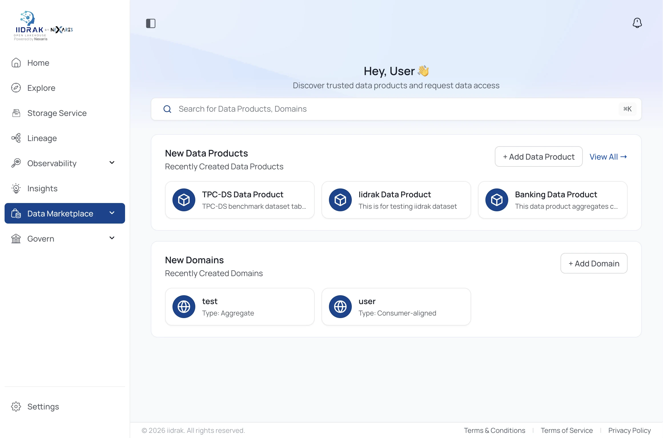 Data Marketplace showing data products and domains