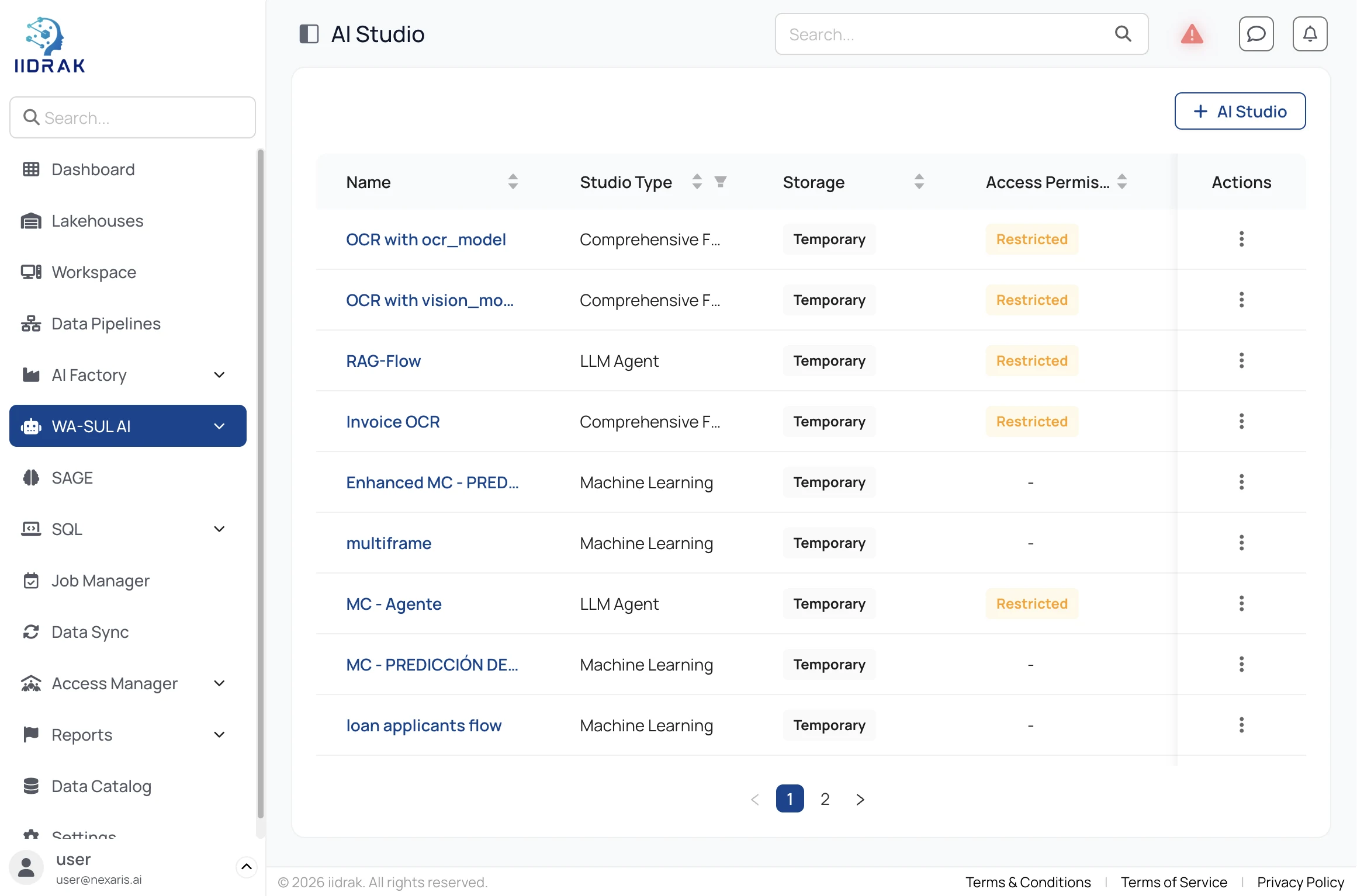AI Studio list showing workflows and LLM agents with storage and access permission