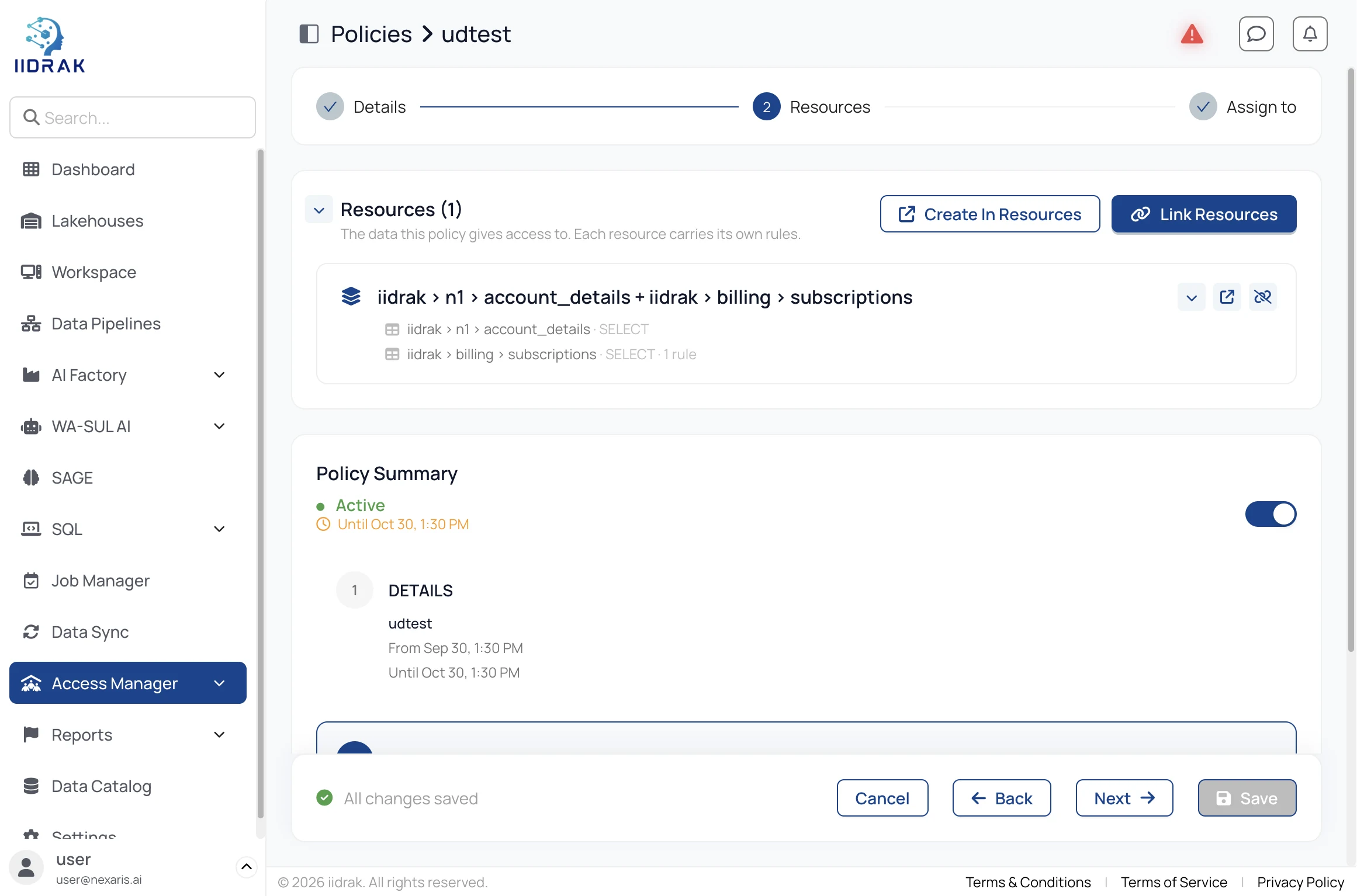 Guardiuum policies list with Data Access and Vector Data tabs