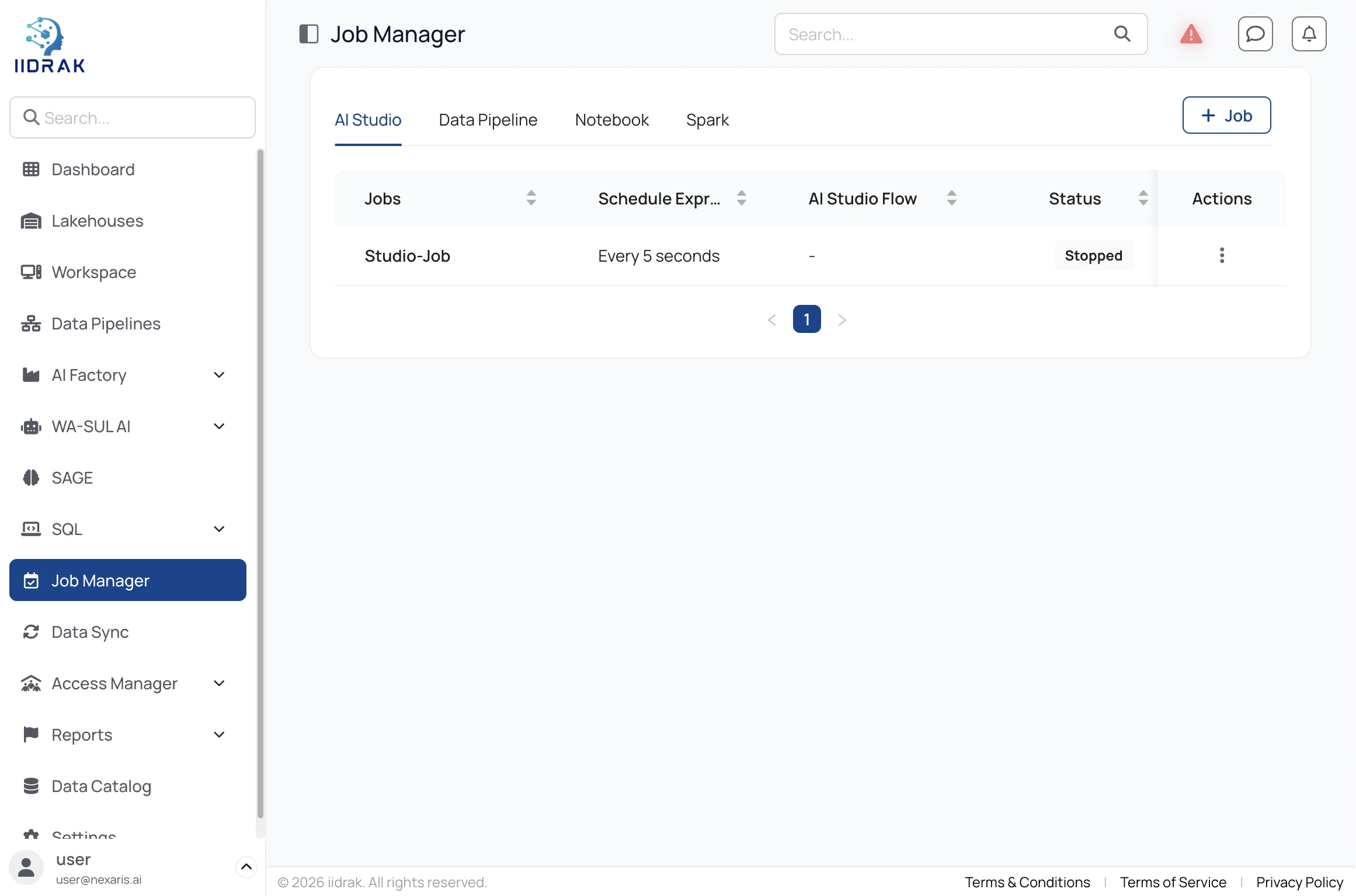 Job Manager showing scheduled jobs across AI Studio, Data Pipeline, Notebook and Spark