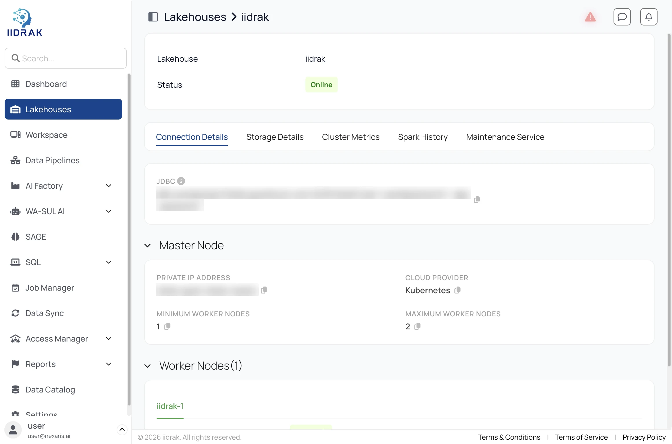 Lakehouse detail page showing connection details, master node and worker nodes