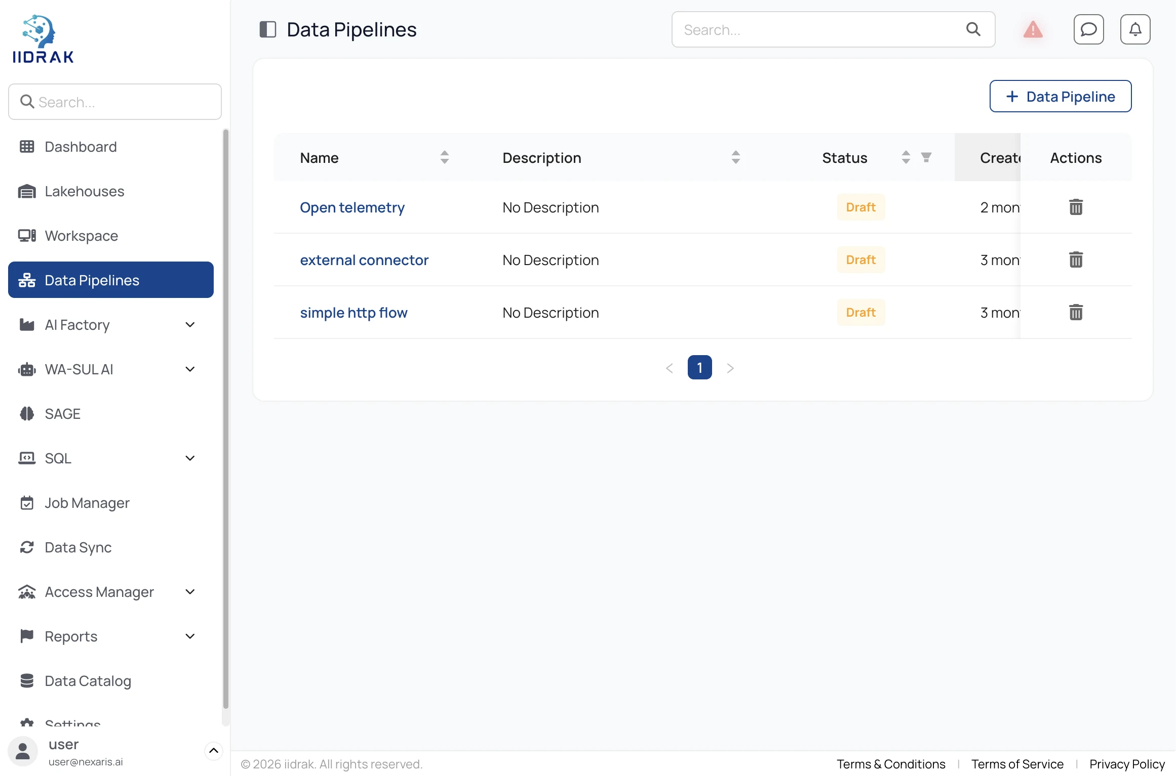Data Pipelines list view